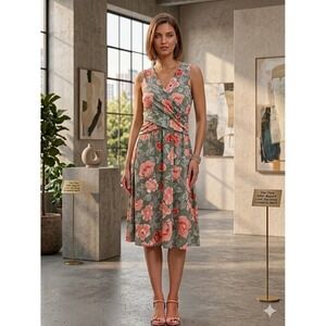 Lands End Womens Floral Surplice Sleeveless Dress Sage Green Coral Size S 6-8